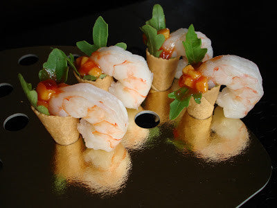 SHRIMP COCKAIL WITH ARUGULA & NECTARINE COCKTAIL SAUCE IN TINY CONE