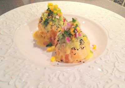 SALMON WELLINGTON WITH MANGO,TOMATILLO SALSA TOPPED WITH ORANGE HOLLANDAISE